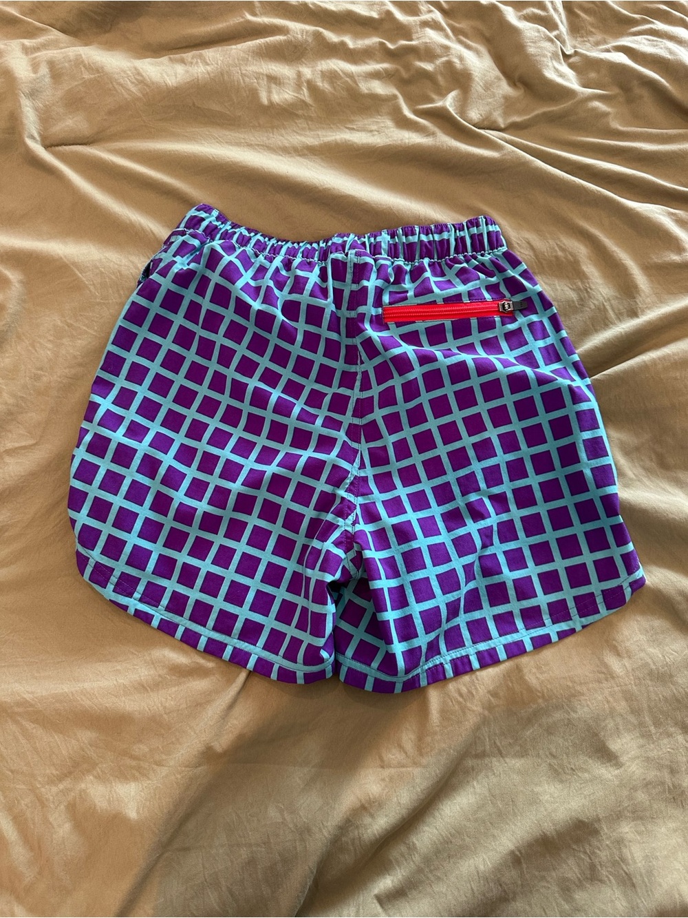 Topo Designs Purple and Teal Grid Women's Shorts with Red Belt - Picture 3 of 3